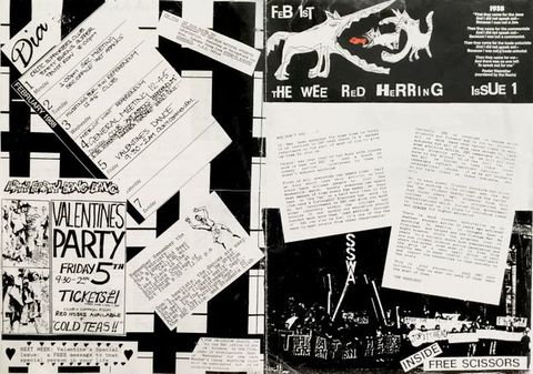 Cover of a magazine. This magazine cover design is made from printed and hand-drawn text arranged across the page at differing angles, along with drawings of people and animals. The cover is black and white, with one small flash of red. A large passage of text reads, “FEB 1st, THE WEE RED HERRING, ISSUE 1.”