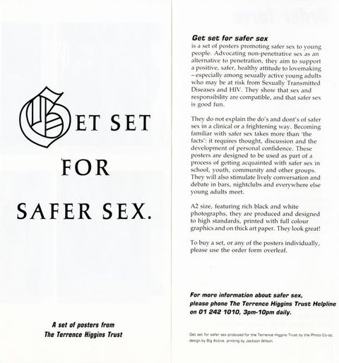 Page of a pamphlet. A black and white pamphlet with the bold typeface title heading, “GET SET FOR SAFER SEX”. On the right is a longer passage of text, and the telephone number for the Terrence Higgins Trust Helpline.