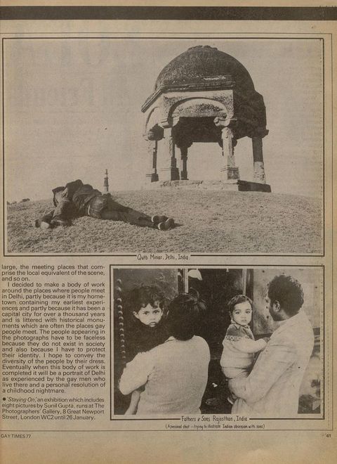 Newspaper clipping. The top half of the page showing two people lying on a hill, with an Indian monument at the summit. Below this, a column of typewritten text is adjacent to a photograph of two Indian fathers holding their young sons.