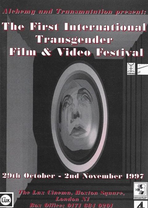 Cover of programme. A person's face wearing makeup appears blurred in a grey oval frame. Surrounding this is a series of frame-in-frame borders against a black background. Burgundy text fills the top and bottom edges, whilst white stylised text is placed inset towards the oval.