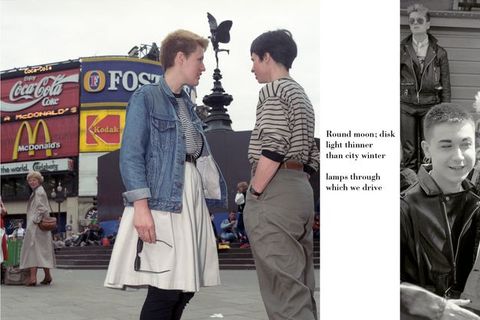 Print. Triptych collage with two women standing in conversation, one wearing a striped top, denim jacket and voluminous skirt with dark jeans, the other wearing khaki trousers and a striped top, her hands in her pockets. An older woman looks at them, with the background of Trafalgar Square and an angel sculpture. Central vertical panel of typewritten text. Right black and white panel showing woman in leather biker jacket.