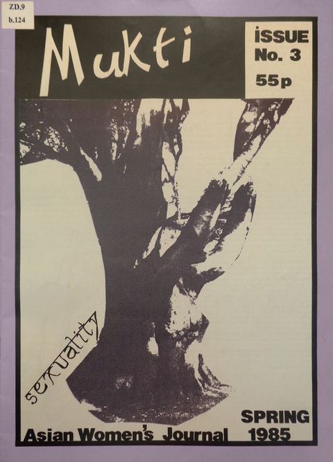 Cover of journal. A cut-out black and white tree photograph appears in a buff-colour rectangle, surrounded by a mauve border. Stylised text at the top says "Mukti" against a black background. A square in the top-right corner includes the text "Issue No.3 55p".