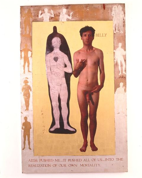 Print. Naked man stands pointing to his genitals next to the word "BILLY", beside a black and white illustration of a person mirroring his stance. Peach coloured border showing white and terracotta figures, capitalised text "AIDS PUSHED ME. IT PUSHED ALL OF US ... INTO THE REALIZATION OF OUR OWN MORTALITY".
