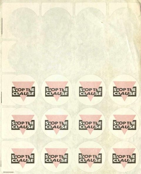 Digital facsimile. This partially used sheet of stickers contains three rows of four remaining stickers, each of which features the text, “STOP THE CLAUSE”, which is embedded into a black and pink logo. 