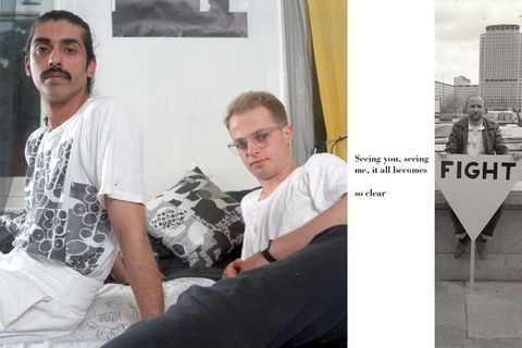 Print. Triptych collage showing two men sitting and lying on a bed, surrounded by monochromatic bedding and cushion. Central white vertical strip showing the typewritten text "Seeing you, seeing me, it all becomes so clear". Black and white right strip showing man sitting on riverside wall holding placard with capitalised text "FIGHT".