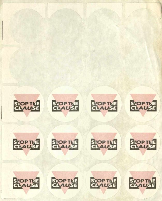 Digital facsimile. This partially used sheet of stickers contains three rows of four remaining stickers, each of which features the text, “STOP THE CLAUSE”, which is embedded into a black and pink logo. 
