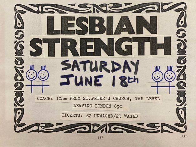 Photograph. In this flyer mock-up, cut out passages of printed text, pattern and imagery are arranged onto a sheet of white paper. The words, “LESBIAN STRENGTH” along with a description of an event, and four simple blue line drawings of people, are surrounded by a frame in an abstract pattern. 