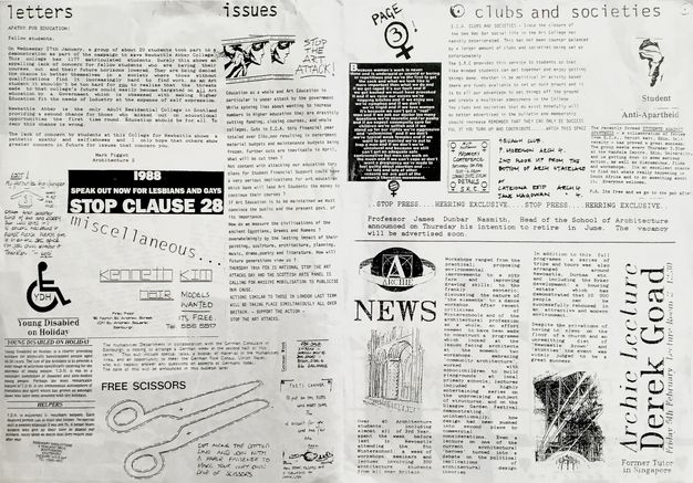 Back cover of a magazine. In this magazine back cover, passages of printed text and logos in black and white are arranged together to promote various events, clauses and societies. In the centre, a black rectangle features the white text, “STOP CLAUSE 28”. 